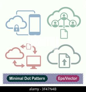Minimal Dot Pattern Secure Cloud Mobile Sync, Cloud User Collaboration Document, Cloud Computer Data Exchange, and Cloud Document Upload Vector Icons Stock Vector
