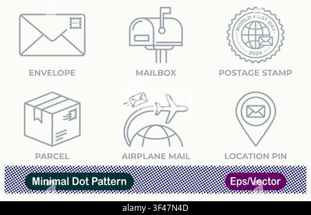 Minimal Dot Pattern Mail Envelope, Post Box Mailbox, World Post Day Postage Stamp, Delivery Parcel Box, Airplane Airmail Globe, and Envelope Location Stock Vector