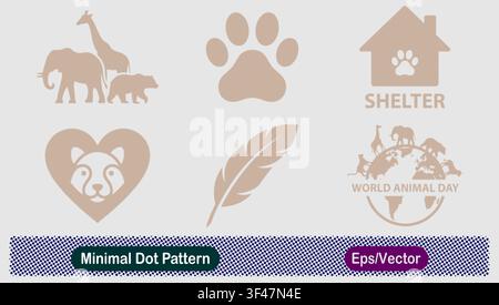 Minimal Dot Pattern Wild Animals Elephant Giraffe Bear, Paw Print, Animal Shelter House, Heart Raccoon Face, Bird Feather, and World Animal Day Globe Stock Vector