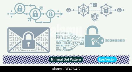 Minimal Dot Pattern Multi Node Encryption Flow, Blockchain Mesh Lock Security, Encrypted Email Padlock Message, and Cryptographic Password Decryption Stock Vector