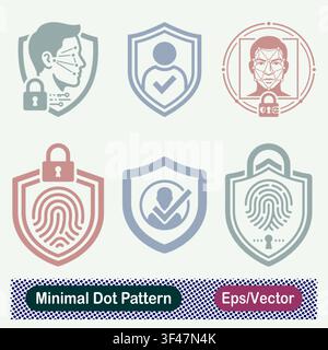 Minimal Dot Pattern Facial Recognition Shield, Verified User Badge, Facial Scan Security, Fingerprint Shield Lock, User Verification Shield, and Fing Stock Vector