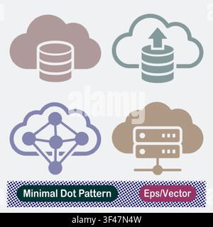 Minimal Dot Pattern Cloud Database Storage, Cloud Database Upload Arrow, Cloud Network Mesh Node, and Cloud Server Hosting Vector Icons Set Stock Vector