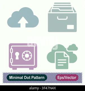 Minimal Dot Pattern Cloud Upload Arrow, Archive File Cabinet Drawer, Secure Lock Combination Vault Safe, and Cloud Document File Storage Vector Icons Stock Vector