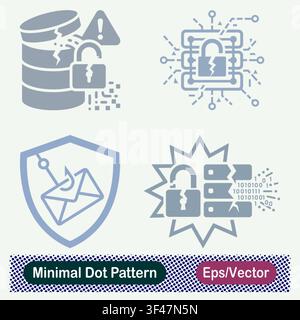 Minimal Dot Pattern Cracked Database Padlock Warning, Broken Lock Circuit Server, Email Phishing Shield Hook, and Server Data Breach Explosion Vector Stock Vector