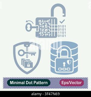 Minimal Dot Pattern Cryptographic Data Decryption Key, Shield Protected Key Access, and Encrypted Database Server Lock Vector Icons Set Stock Vector