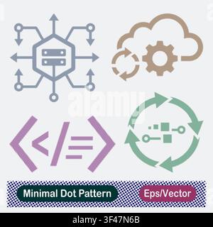 Minimal Dot Pattern Hexagonal Server Distribution Hub, Cloud Process Gear Sync, Code Brackets Programming, and Circular Data Transfer Processing Vec Stock Vector