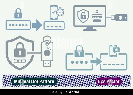 Minimal Dot Pattern Two Factor Authentication Mobile OTP, Hardware USB Key Screen Login, Security Shield Token Key, and Smartphone SMS Verification Stock Vector
