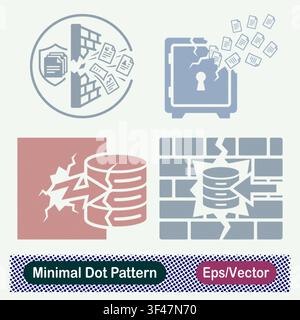 Minimal Dot Pattern Broken Firewall Data Leak, Cracked Safe Document Leak, Database Lightning Strike Damage, and Cracked Firewall Database Breach Vec. Stock Vector