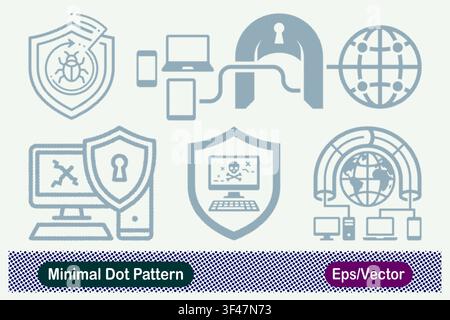 Minimal Dot Pattern Antivirus Bug Shield, Secure Device Tunnel Network, Computer Shield Protection, Malware Monitor Protection, and Global Secure Dev Stock Vector