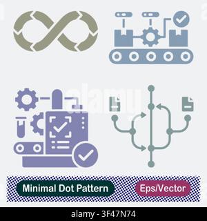 Minimal Dot Pattern DevOps Infinity Loop, Automated Conveyor Belt Assembly, Quality Control Manufacturing Line, and Git Branching Data Flow Vector Stock Vector