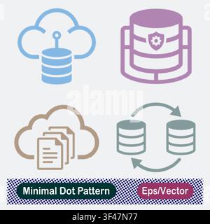 Minimal Dot Pattern Cloud Database Node, Secure Shield Server Cylinder, Cloud Document Files Storage, and Dual Database Sync Vector Icons Set Stock Vector