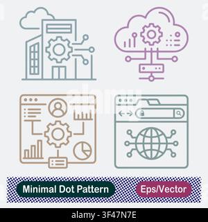 Minimal Dot Pattern Smart Building Enterprise Gear, Cloud Server Integration, User Analytics Dashboard, and Secure Web Network Browser Vector Icons Se Stock Vector