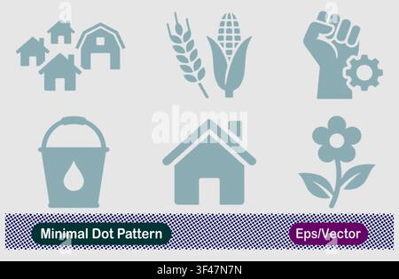 Minimal Dot Pattern Farm Village Houses, Wheat and Corn Harvest, Labor Union Gear Fist, Water Pail, Single Home, and Flower Bloom Vector Icons Set Stock Vector