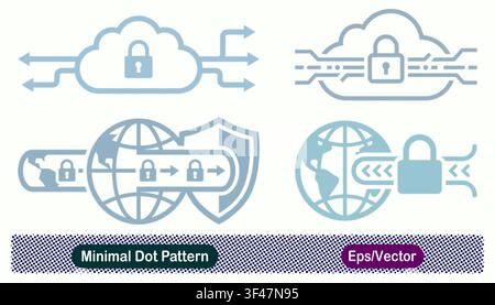 Minimal Dot Pattern Secure Cloud Routing, Encrypted Cloud Highway, Global Encrypted Tunnel Shield, and Worldwide Data Lock Stream Vector Icons Set Stock Vector