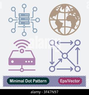 Minimal Dot Pattern Central Server Hub, Global Earth Network, Wireless Modem Router, and Peer to Peer Node Mesh Vector Icons Set Stock Vector