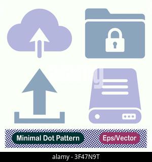 Minimal Dot Pattern Cloud Upload Arrow, Encrypted Folder Lock, Data Export Upload Symbol, and External Hard Drive Storage Vector Icons Set Stock Vector