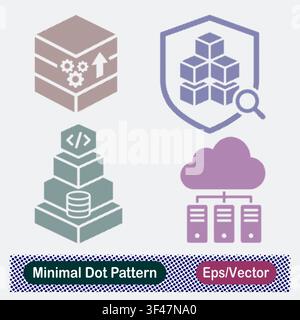 Minimal Dot Pattern Database Server Gears, Data Block Audit Shield, Code Software Stack, and Cloud Server Network Vector Icons Set Stock Vector
