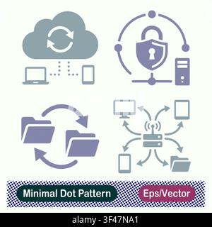 Minimal Dot Pattern Cross Device Cloud Sync, Server Network Security Shield, Folder Data Transfer, and Central Router Device Hub Vector Icons Set Stock Vector