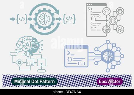 Minimal Dot Pattern AI Code Generation Gear, Program Terminal AI Hub, AI Brain Algorithm Flowchart, and Neural Code Integration Vector Icons Set Stock Vector