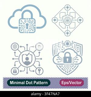 Minimal Dot Pattern Circuit Cloud Padlock, AI Brain Shield Diamond Network, Multi Factor Identity Hub, and AI Cloud Security Shield Vector Icons Set Stock Vector