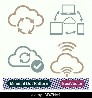 Minimal Dot Pattern Cloud Processing Sync, Cross Platform Cloud Sync, Verified Cloud Refresh, and Wireless Cloud Signal Vector Icons Set Stock Vector