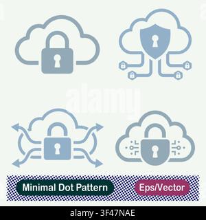 Minimal Dot Pattern Secure Cloud Padlock, Cloud Network Shield, Cloud Data Transfer Lock, and Circuit Cloud Encryption Vector Icons Set Stock Vector