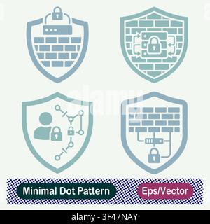 Minimal Dot Pattern Server Brick Firewall Shield, Locked Server Database Shield, User Network Node Shield, and Firewall Network Lock Vector Icons Set Stock Vector