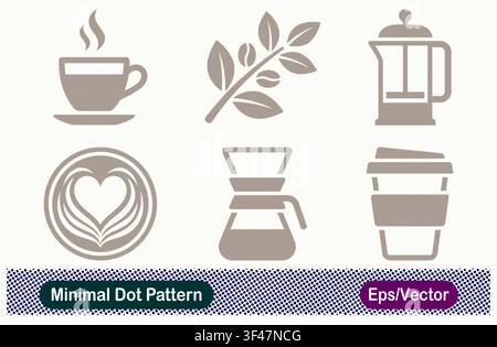Minimal Dot Pattern Hot Coffee Cup, Coffee Branch Beans, French Press, Heart Latte Art, Drip Chemex Carafe, and Disposable Takeaway Cup Vector Icons Stock Vector