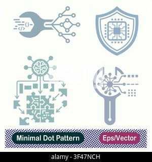Minimal Dot Pattern Code Maintenance Wrench, Hardware Processor Security Shield, AI Brain Puzzle Network, and Tech Tool Vector Icons Set Stock Vector