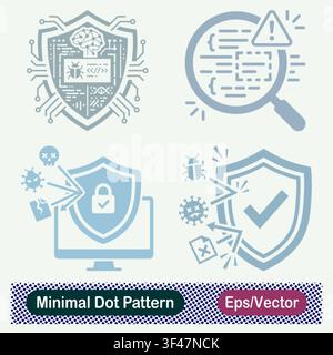 Minimal Dot Pattern AI Threat Defense Shield, Code Audit Inspection Glass, Firewall Threat Blocking Screen, and Malware Protection Vector Icons Set Stock Vector