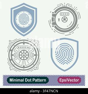 Minimal Dot Pattern Biometric Fingerprint Shield, Digital Bank Vault Door, Circuit Vault Security, and Touch ID Shield Vector Icons Set Stock Vector