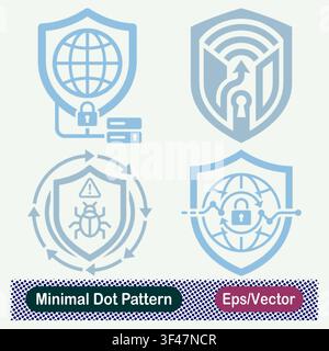 Minimal Dot Pattern Global Server Shield Lock, Wi-Fi Signal Gateway Shield, Antivirus Malware Shield, and Secure Global Network Vector Icons Set Stock Vector