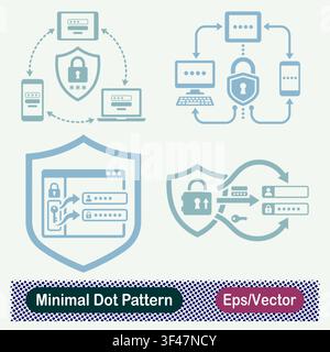 Minimal Dot Pattern Multi Device Password Sync, Central Shield Password Network, Web Portal Login Shield, and Encrypted Data Flow Vector Icons Set Stock Vector