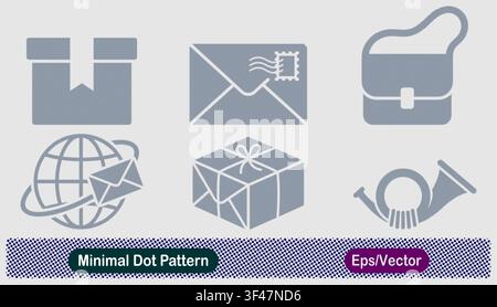 Minimal Dot Pattern Cardboard Box, Stamped Envelope, Courier Bag, Global Mail Globe, Gift Parcel, and Post Horn Vector Icons Set Stock Vector