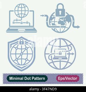 Minimal Dot Pattern Global VPN Routing Laptop, Secure Web Network Globe Lock, Global Network Shield, and Encrypted Tunnel Vector Icons Set Stock Vector