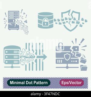 Minimal Dot Pattern Server Data Breach Leak, Database Shield Breach Leakage, and Cracked Server Security Vulnerability Vector Icons Set Stock Vector