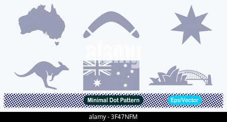 Minimal Dot Pattern Australia Map, Boomerang, Seven Pointed Star, Kangaroo, Australian Flag, and Sydney Opera House Vector Icons Set Stock Vector