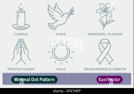 Minimal Dot Pattern Candle, Peace Dove, Memorial Flower Lily, Praying Hands, Halo Sunburst, and Remembrance Ribbon Vector Icons Set Stock Vector