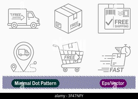 Minimal Dot Pattern Free Shipping Truck, Cardboard Box, Parcel Label, Map Pin Route, Shopping Cart, and Fast Delivery Icons Set Stock Vector