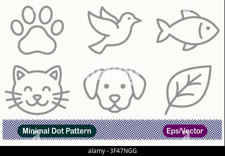 Minimal Dot Pattern Paw Print, Flying Bird, Fish, Cat Face, Dog Face, and Tree Leaf Nature Pet Care Icons Set Stock Vector