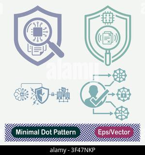 Minimal Dot Pattern AI Microchip Hardware Security Audit Shield, Data Document Scan, Artificial Intelligence Cyber Defense, and Verified User Access Stock Vector