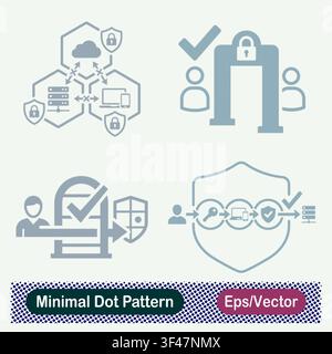 Minimal Dot Pattern Zero Trust Hexagonal Mesh Network Security, Biometric Access Gate Check, Verified Identity Archway Shield, and Multi Factor Auth. Stock Vector