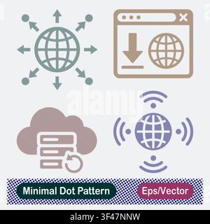 Minimal Dot Pattern Global Content Distribution Network, Web Browser Data Download, Cloud Server Database Sync Refresh, and Wireless Global Comm. Stock Vector