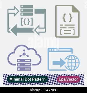 Minimal Dot Pattern Server Script Exchange Loop, Code File Document, Cloud Node Database Server, and Web Browser Global Network Transfer Vector Icons Stock Vector