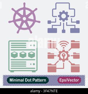 Minimal Dot Pattern Kubernetes Helm Steering Wheel, System Workflow Gear Network, Container Server Rack Storage, and Wireless Shared Folder Management Stock Vector