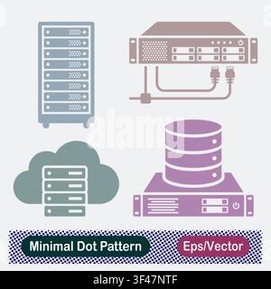 Minimal Dot Pattern Server Rack Tower, Network Switch Hardware, Cloud Server Storage, and Database Server Hardware Vector Icons Set Stock Vector