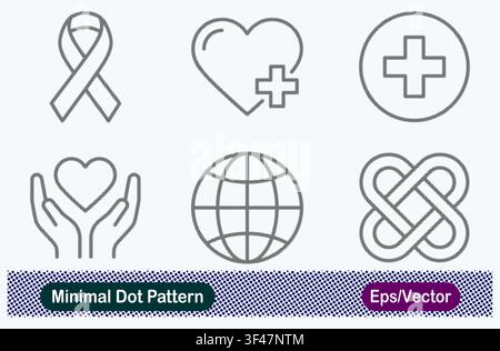 Minimal Dot Pattern Awareness Ribbon, Health Care Plus Heart, Medical Cross Symbol, Supportive Hands Holding Heart, Global Health Globe, and Infinity Stock Vector