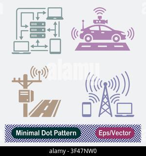 Minimal Dot Pattern Multi Device Server Network, Autonomous Smart Car Sensor, Roadside Telecommunication Utility Pole, and 5G Cell Tower Vector Icons Stock Vector