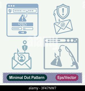 Minimal Dot Pattern Phishing Web Login Attack, Email Hook Threat, Malicious Envelope Alert, and Web Browser Fishing Rod Vector Icons Set Stock Vector