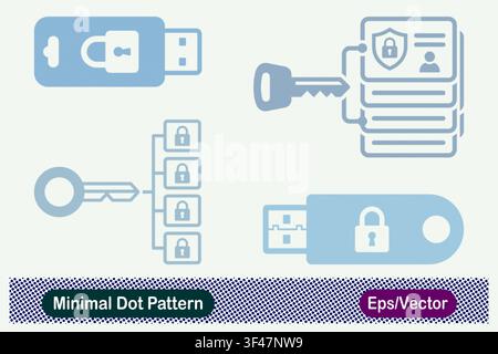 Minimal Dot Pattern Encrypted USB Flash Drive, Master Key Access Control, Security Key Authorization, and Hardware Security Dongle Vector Icons Set Stock Vector